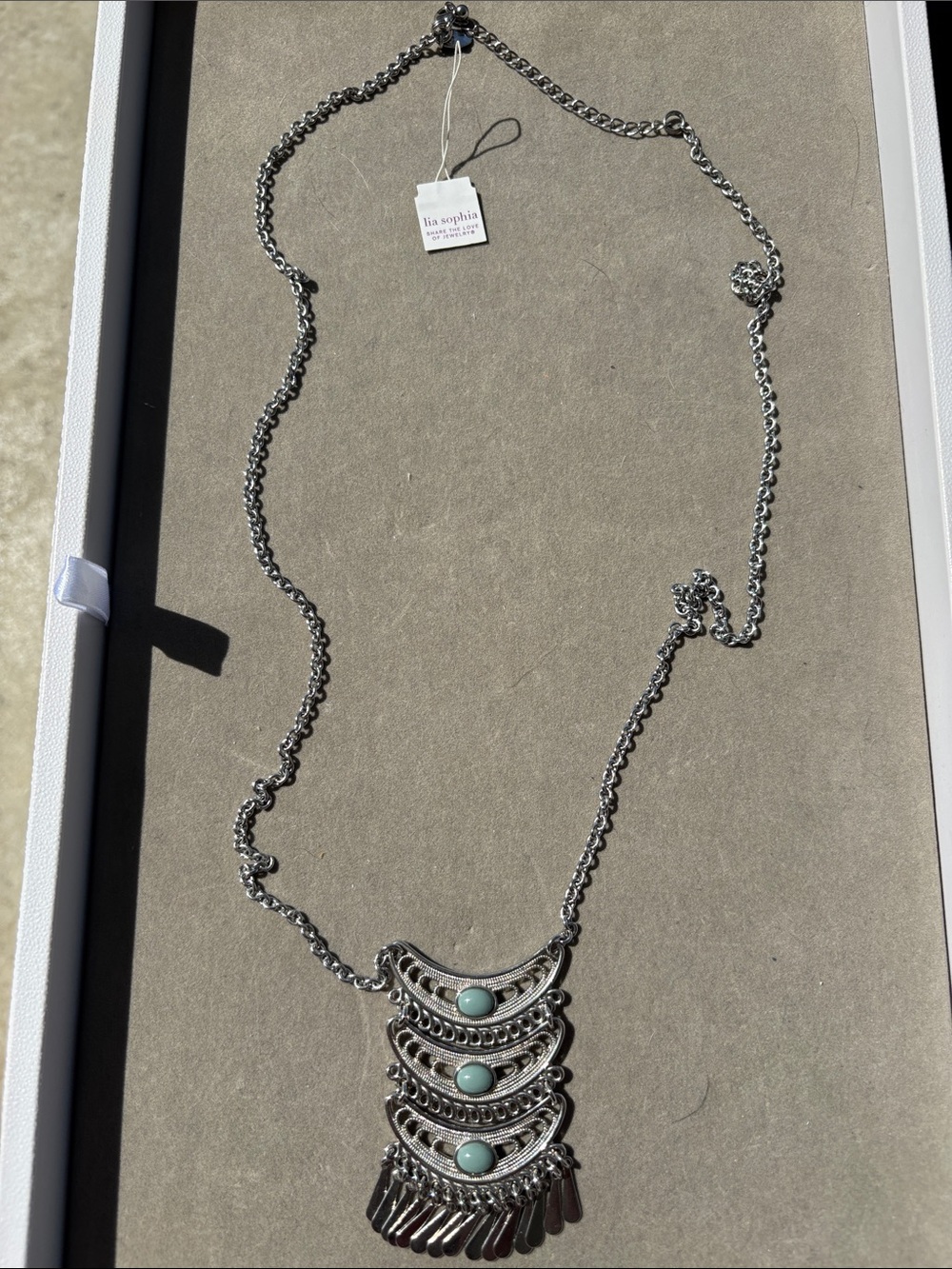 Lia Sophia Silver-Tone Necklace with Aqua Cabochons and Fringe